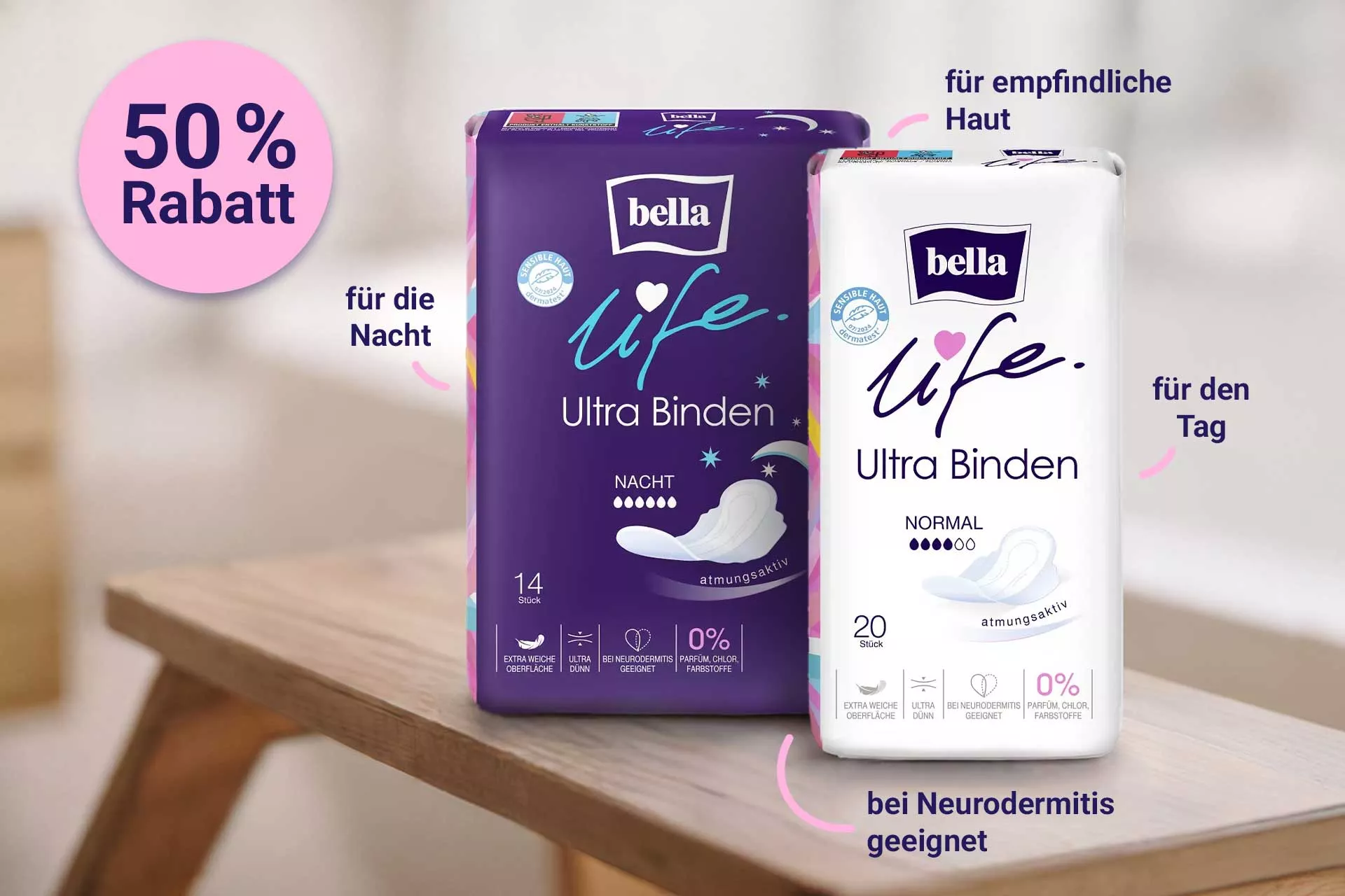 Ultra Binden auf Tisch mit Badewanne im Hintergrund
