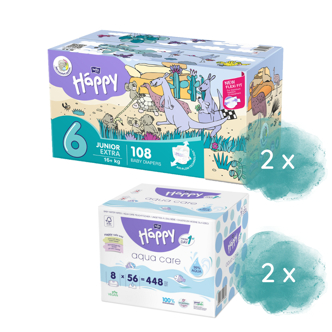Happy Box Windeln Gr.6 Junior Extra 16+kg & 2.Größe nach Wahl + 16er Pack Aqua Care Feuchttücher
