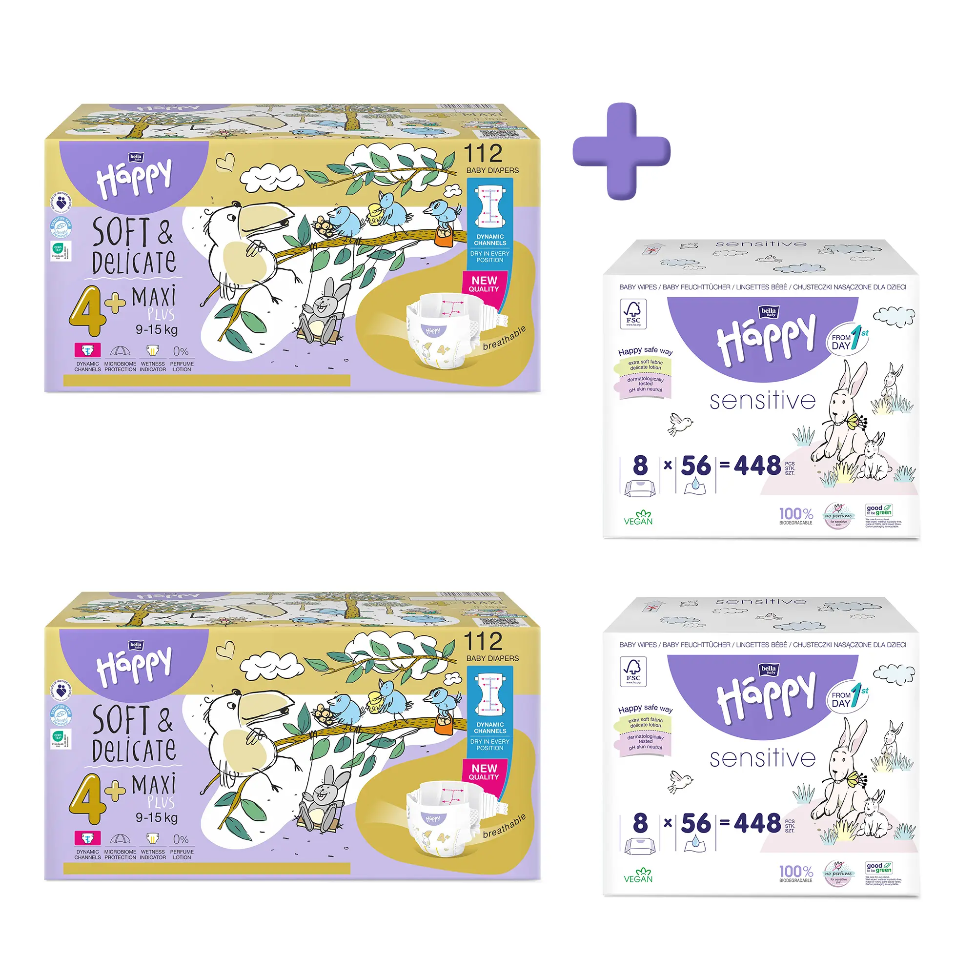 bella baby Happy Windeln Größe 4 + Maxi Plus 9-15 kg + Feuchttücher im Set