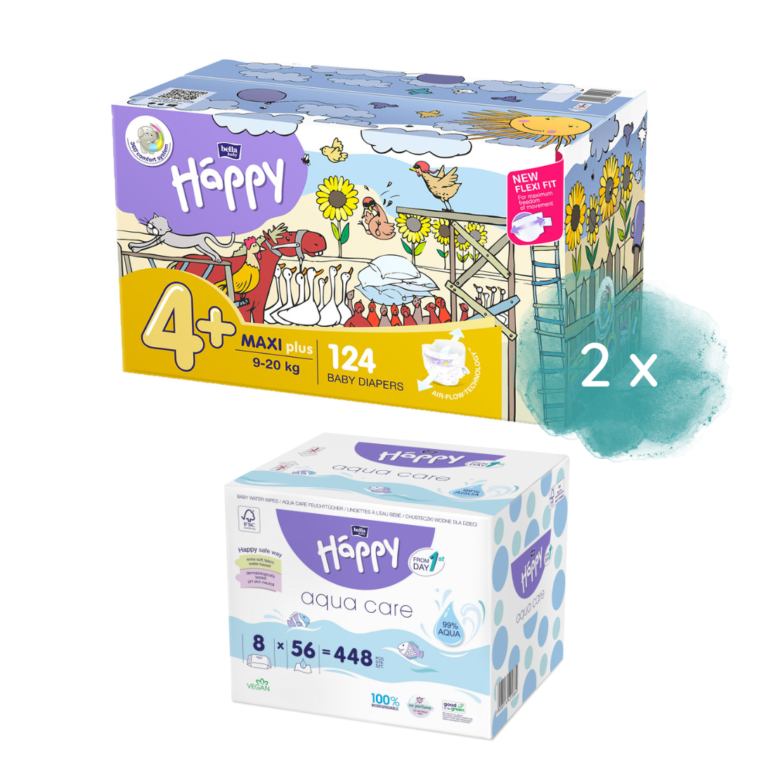 Happy Box Windeln Gr.4+ Maxi Plus 9-20kg 124 St. + 2. Größe + 8er Pack Aqua Care Feuchttücher