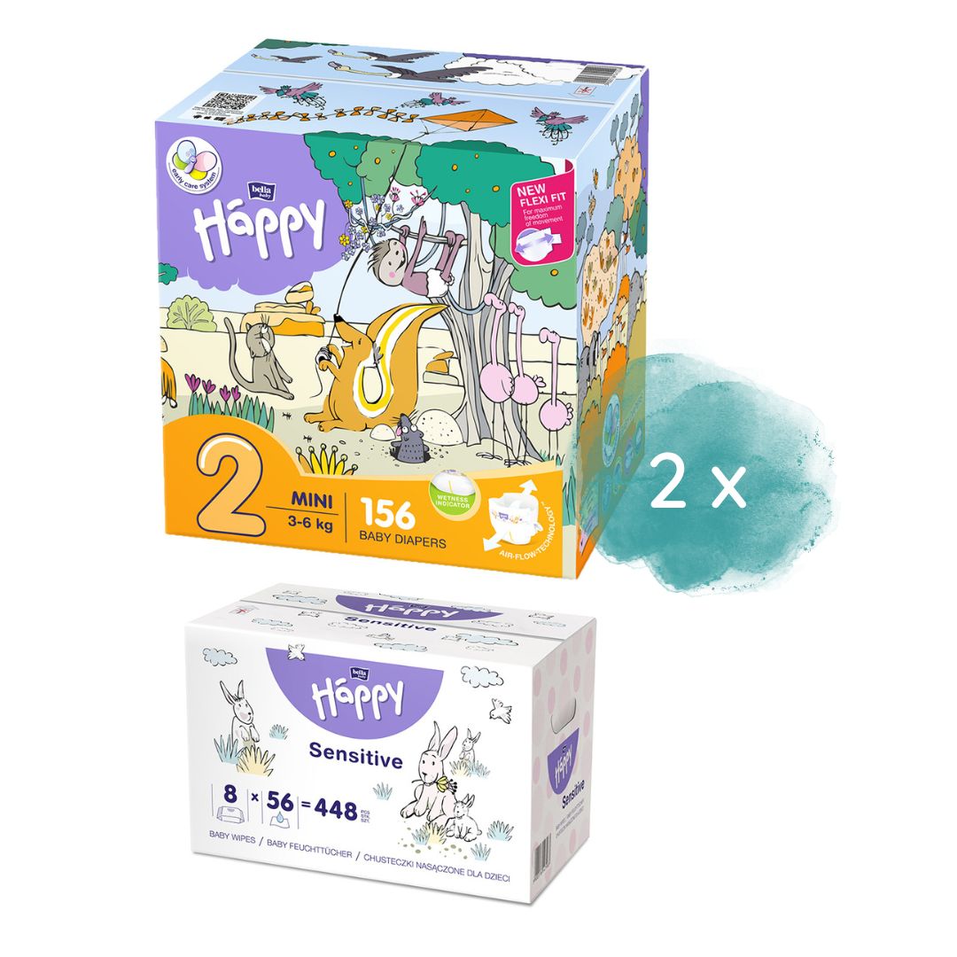 Happy Box Windeln Gr.2 Mini 3-6kg 156 St. + 2. Größe + 8er Pack Feuchttücher