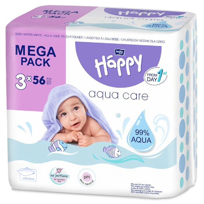 bella baby Happy Feuchttücher Aqua Care 99% Wasser mit Klickverschluss MEGA PACK 3x56 Stück
