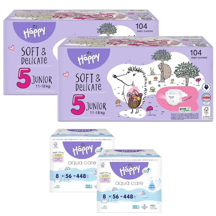 Happy Box Gr. 5 Junior 11-18kg 104 Stück & 2. Größe nach Wahl + 16er Pack Aqua Care Feuchttücher