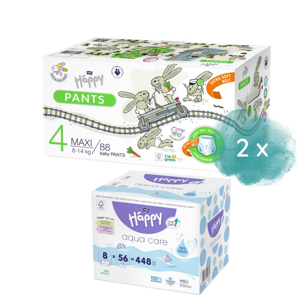 Happy Öko-Box Pants Gr. 4 Maxi 8-14kg & 2. Größe  + 8er Pack Aqua Care Feuchttücher