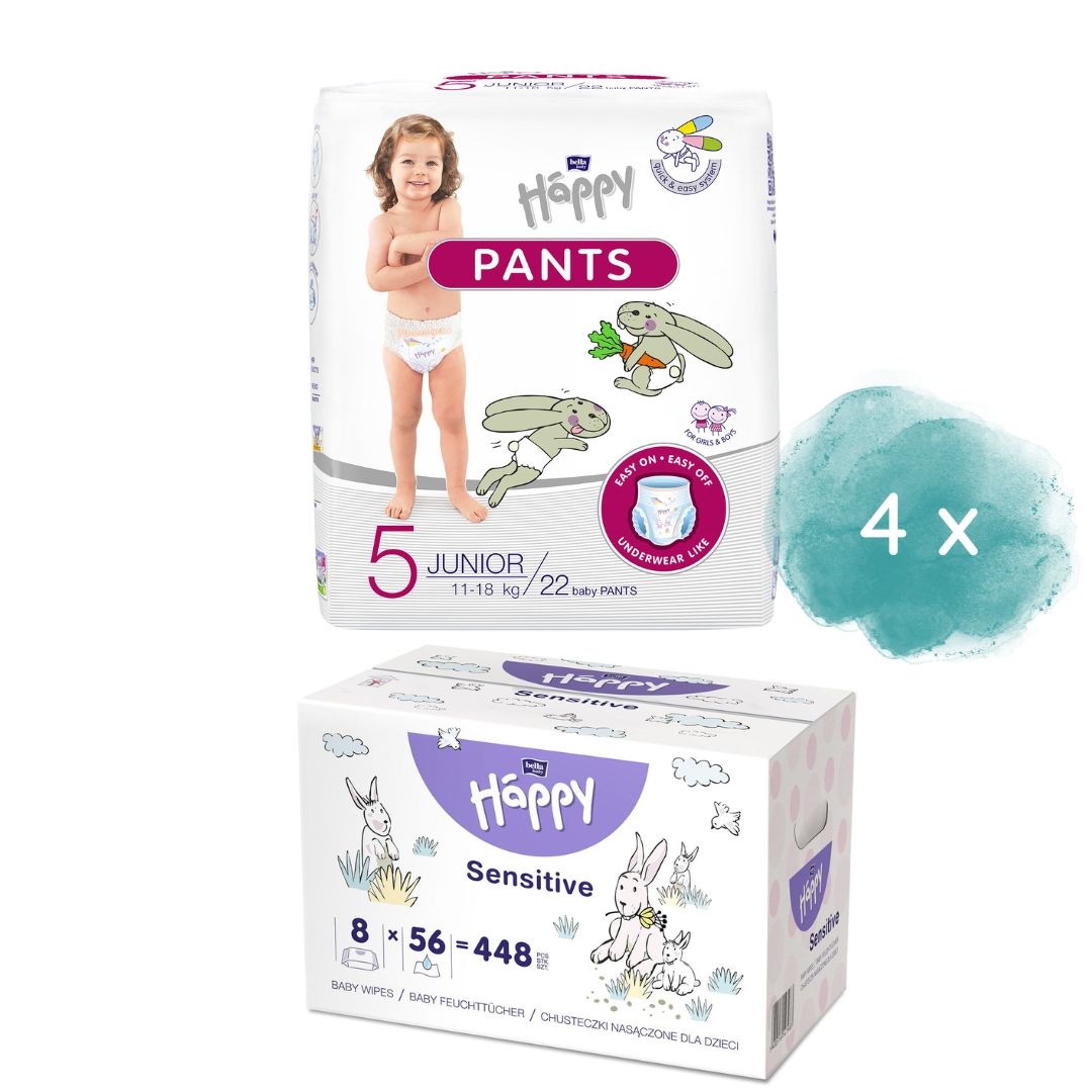 bella baby Happy Pants Gr. 5 Junior 11-18 kg 88 Stück + 8er Pack Feuchttücher