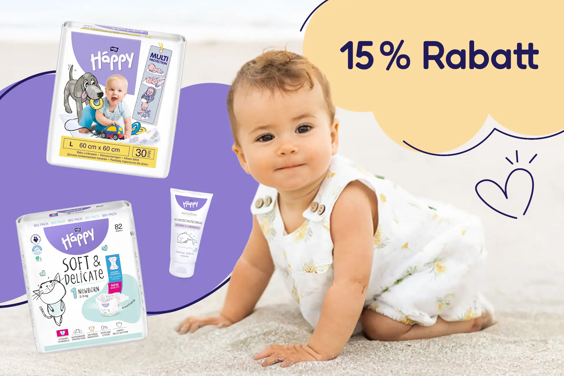 Baby mit Produkten und Rabattaktion