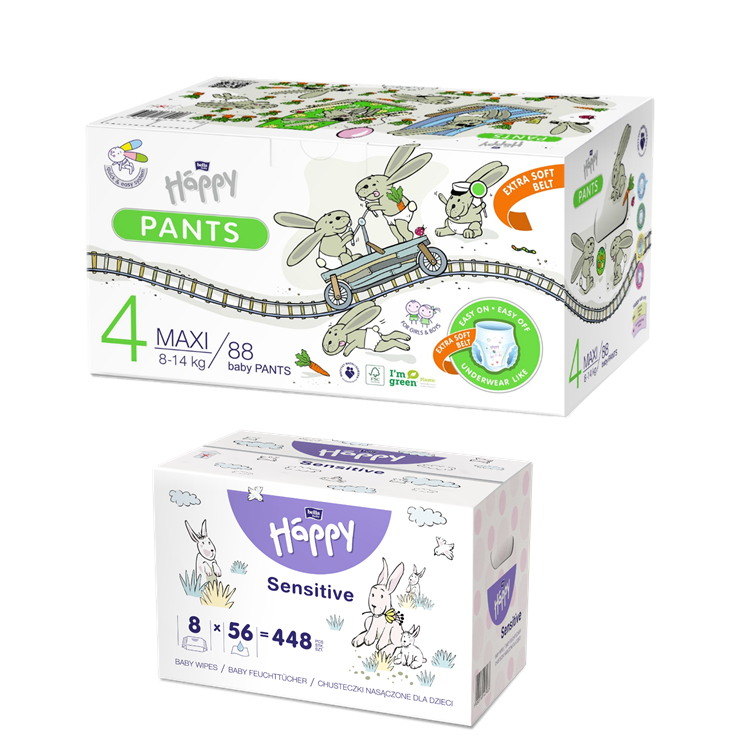 bella baby Happy Öko-Box Pants Gr.4 Maxi 8-14 kg 88 St. + 8er Pack Feuchttücher