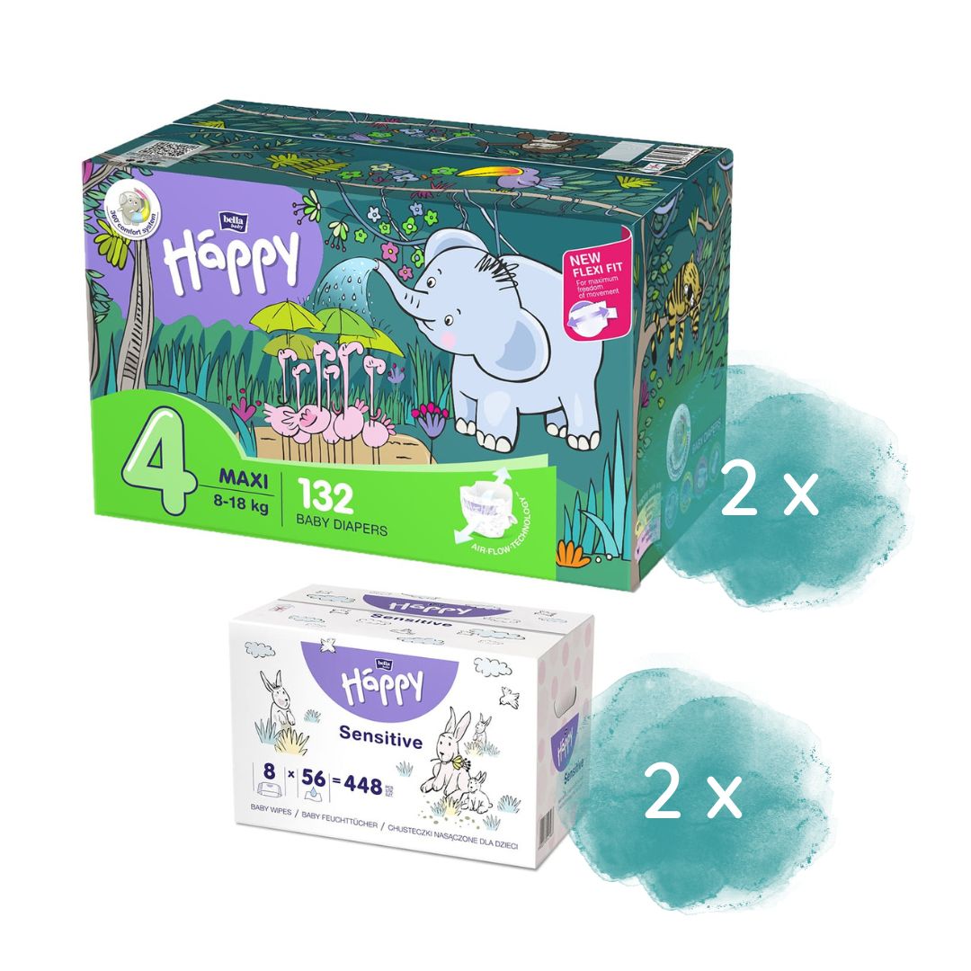 Happy Box Windeln Gr.4 Maxi 8-18kg 132 St. + 2.Größe + 16er Pack Feuchttücher