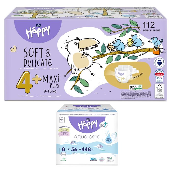 Happy Box Gr. 4+ Maxi Plus 9-15kg 112 Stück & 8er Pack Aqua Care Feuchttücher