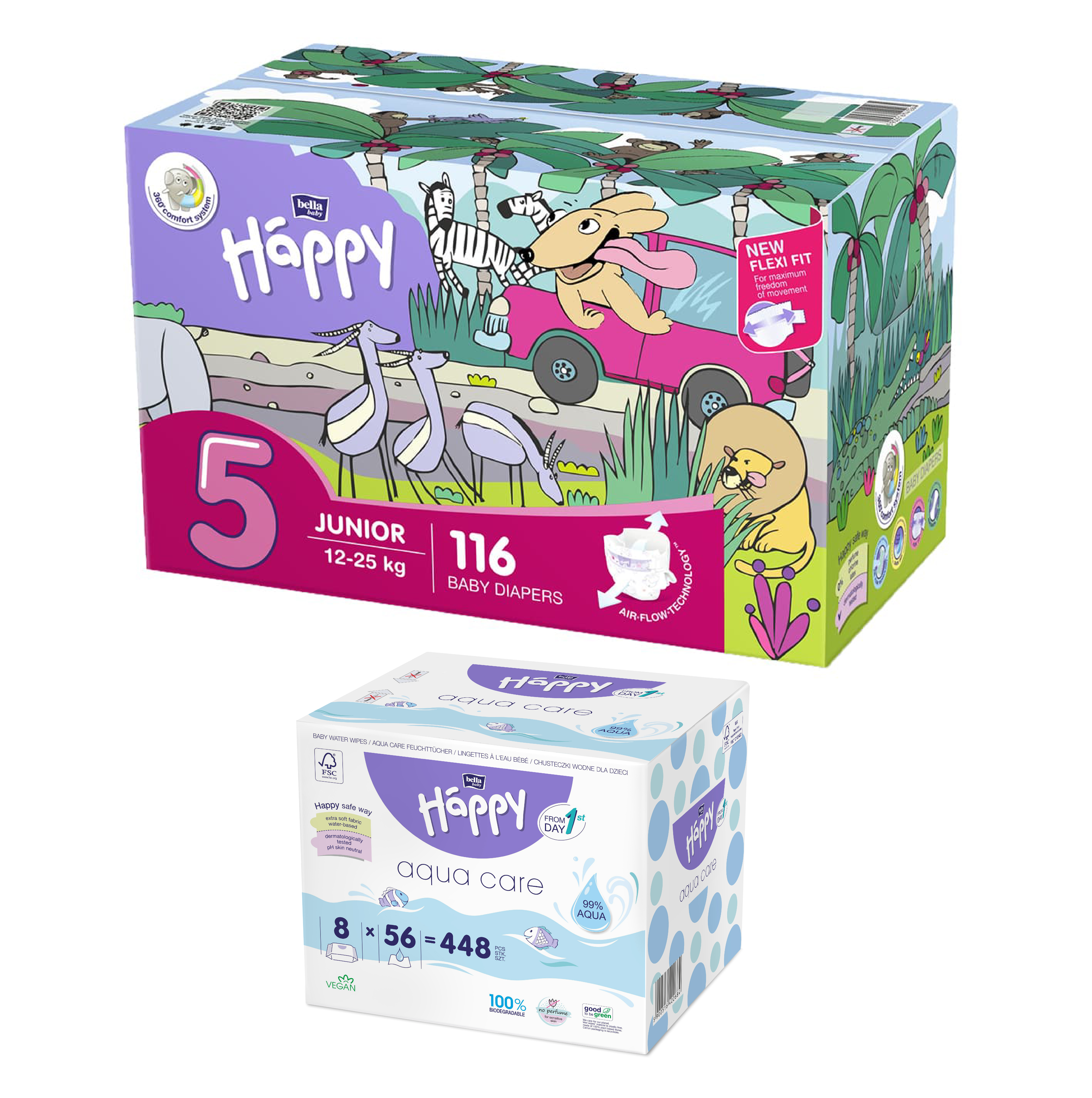 Happy Box Windeln Gr.5 Junior 12-25kg 116 St. + 8er Aqua Care Feuchttücher