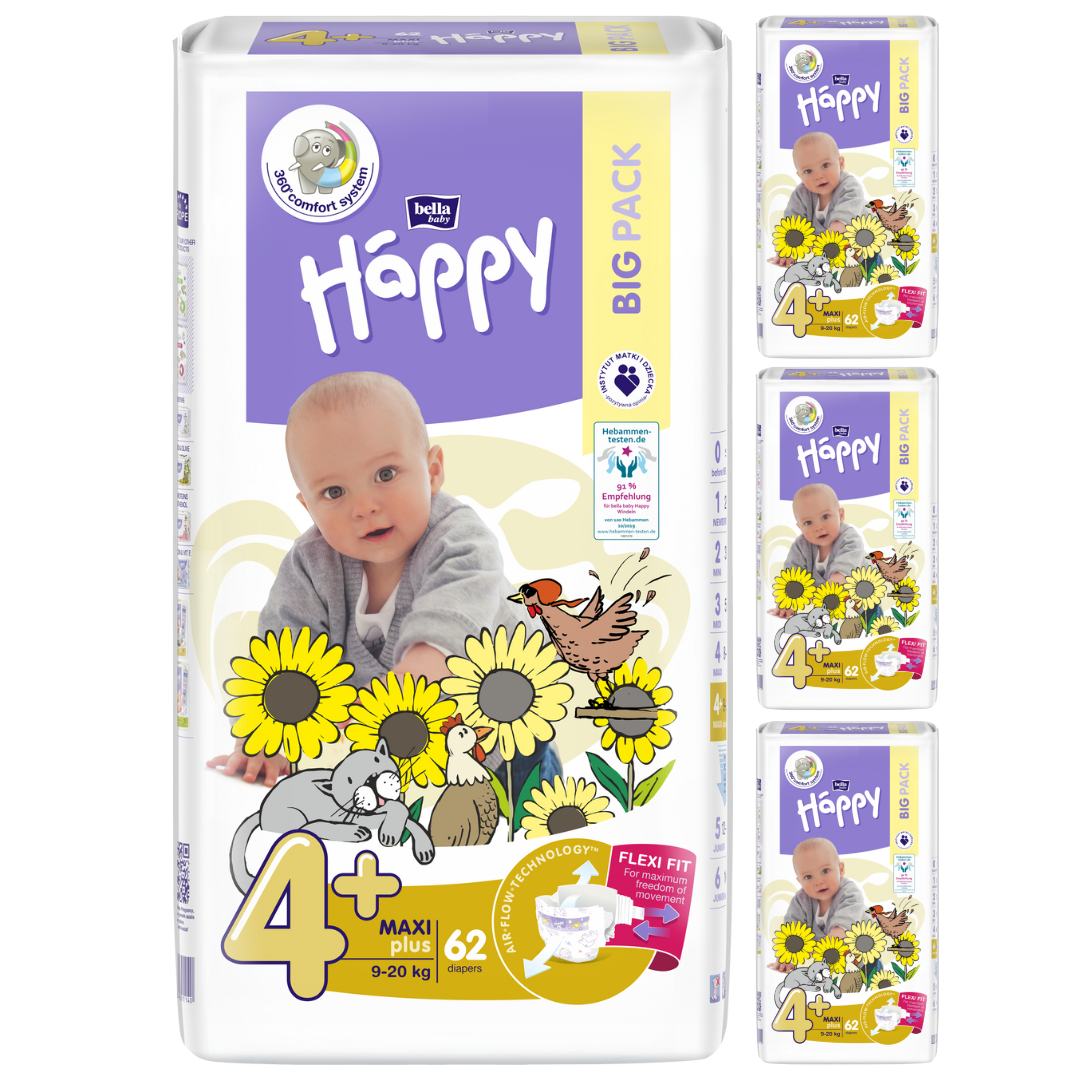 bella baby Happy Windeln Größe 4+ Maxi Plus 9-20kg BIG PACK 4x62 Stück