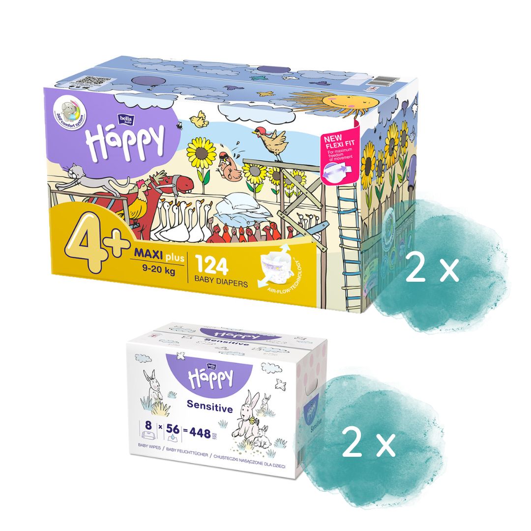 Happy Box Windeln Gr.4+ Maxi Plus 9-20kg 124 St. + 2. Größe + 16er Pack Feuchttücher