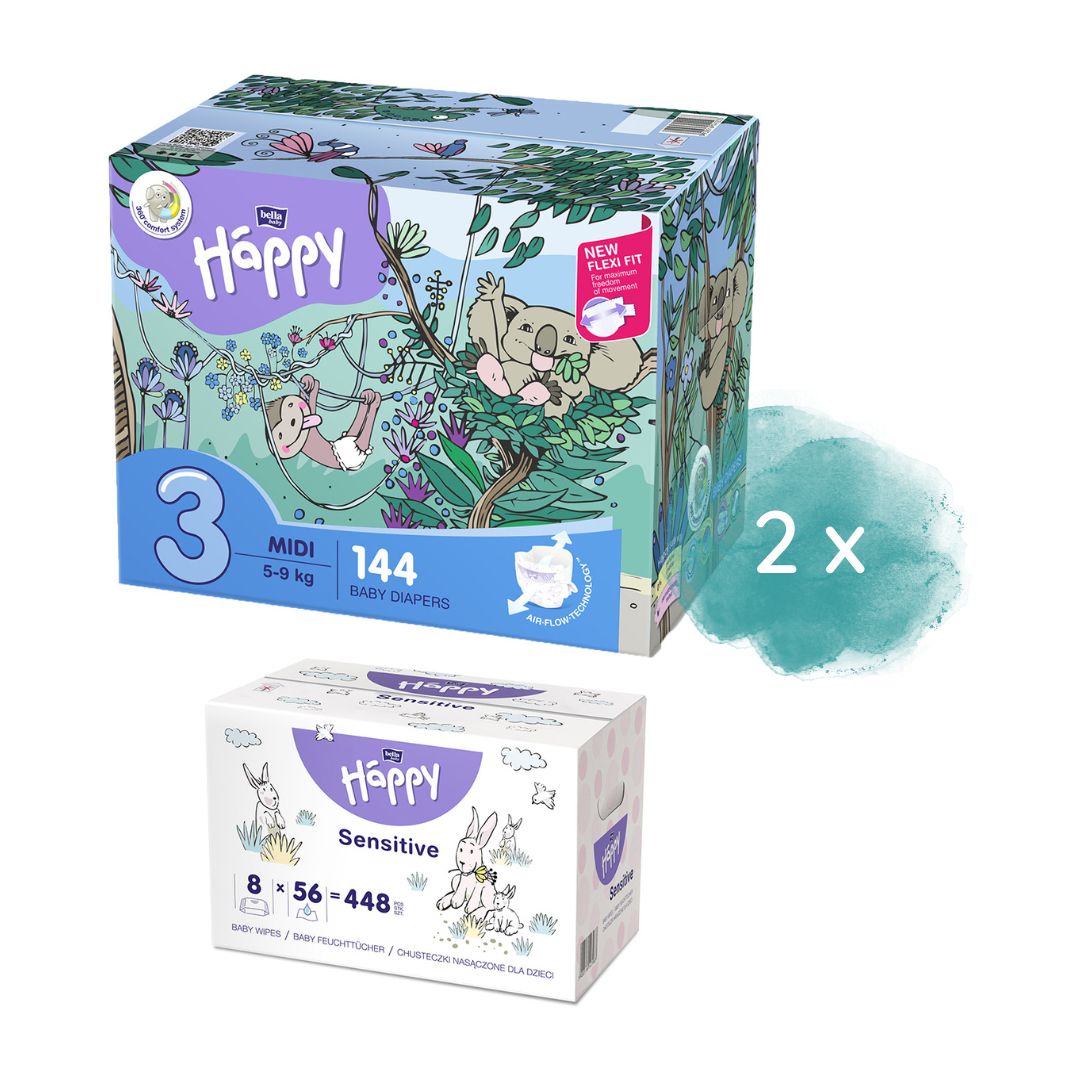 Happy Box Windeln Gr.3 Midi 5-9kg 144 St. + 2. Größe + 8er Pack Feuchttücher