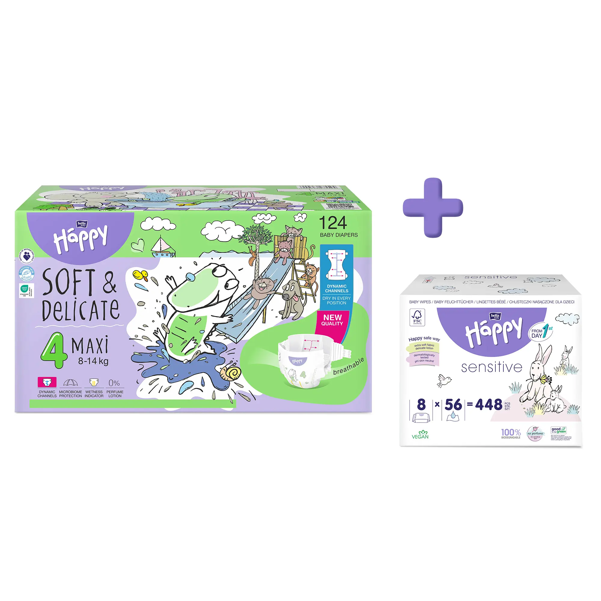 bella baby Happy Windeln Größe 4 Maxi 8-14 kg + Feuchttücher im Set