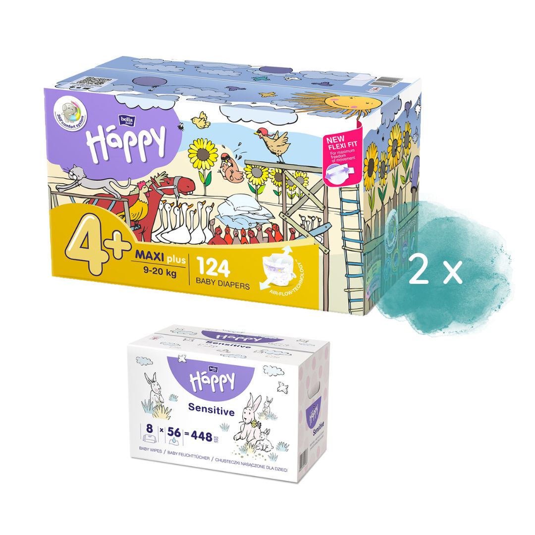 Happy Box Windeln Gr.4+ Maxi Plus 9-20kg 124 St. + 2.Größe + 8er Pack Feuchttücher