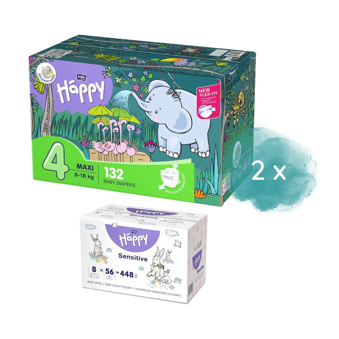 1. Happy Box WindelGröße: Maxi Gr. 4 (8-18kg), 2. Happy Box WindelGröße: Maxi Gr. 4 (8-18kg), Feuchttücher Sorte: Sensitive