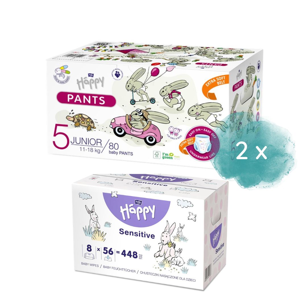 Happy Öko-Box Pants Gr.5 Junior 11-18kg &  2.Größe + 8er Pack Feuchttücher