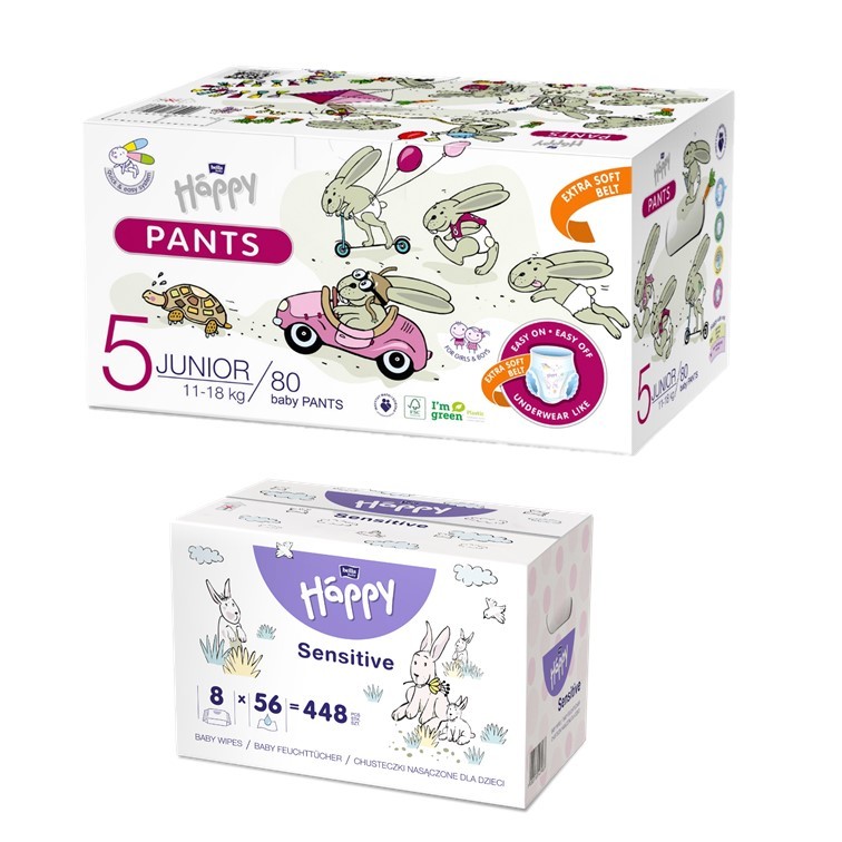 bella baby Happy Öko-Box Pants Gr.5 Junior 11-18 kg 80 St. + 8er Pack Feuchttücher