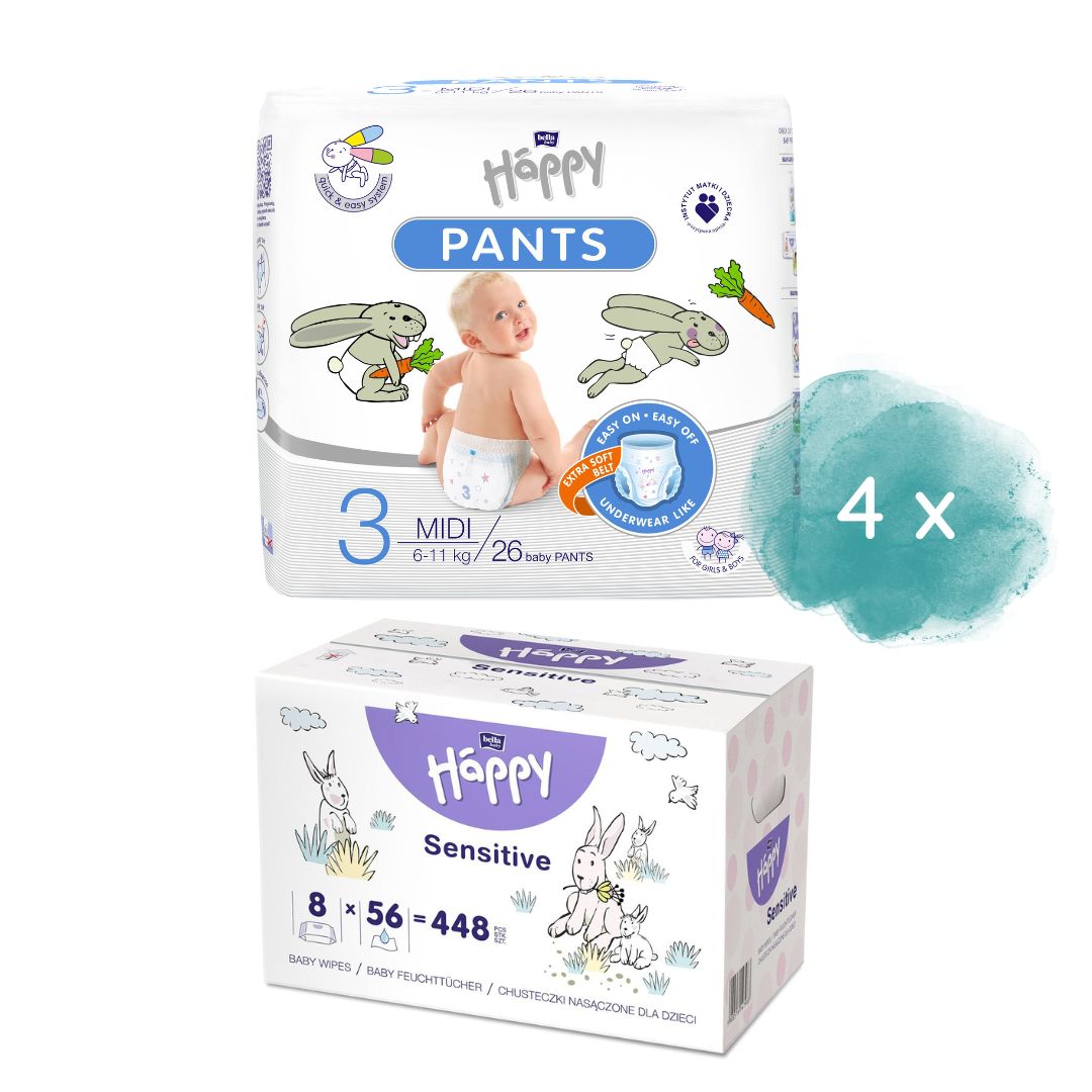 bella baby Happy Pants Gr.3 Midi 6-11 kg 104 St. + 8er Pack Feuchttücher