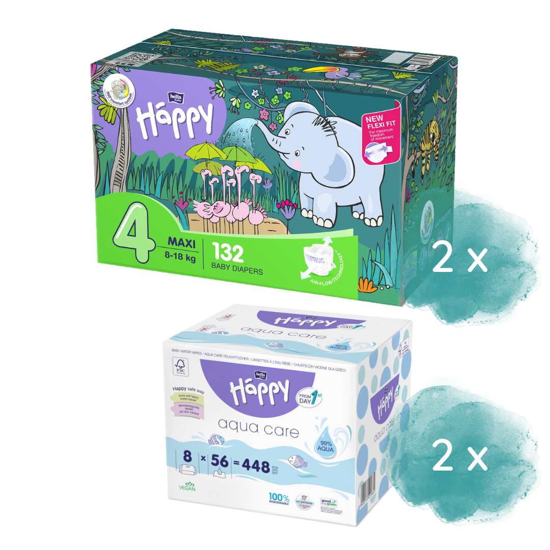 Happy Box Windeln Gr.4 Maxi 8-18kg & 2.Größe nach Wahl + 16er Aqua Care Feuchttücher