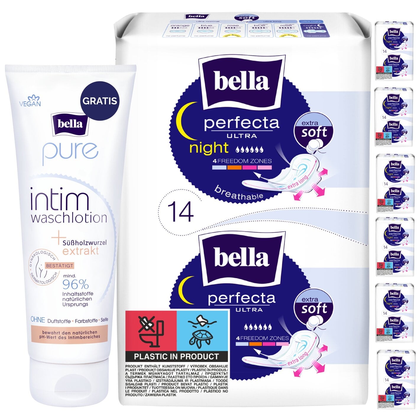 bella Perfecta Ultra Damenbinden Night mit Flügeln Extra Soft 14 Stück 7er Pack + bella Pure Intimwaschlotion Gratis
