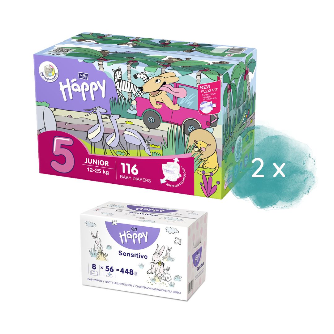 Happy Box Windeln Gr.5 Junior 12-25kg 116 St. & 2.Größe nach Wahl + 8er Pack Feuchttücher