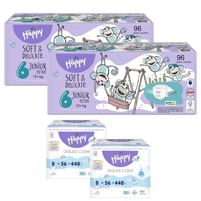 Happy Box Größe 6 Junior Extra 15+kg 96 Stück & 2. Größe nach Wahl + 16er Pack Aqua Care Feuchttücher