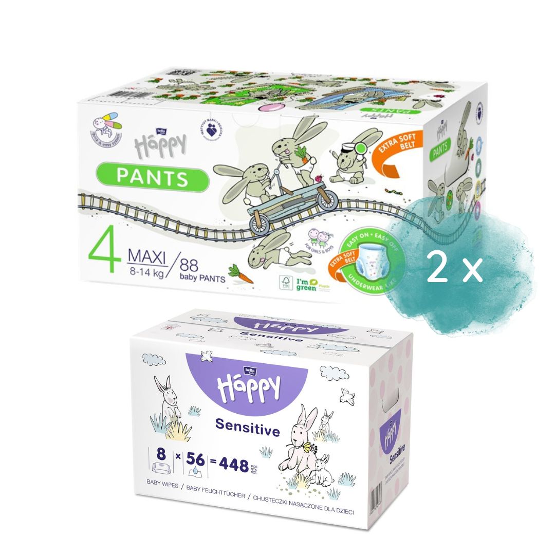 Happy Öko-Box Pants Gr.4 Maxi 8-14 kg 88 St. + 2. Größe + 8er Pack Feuchttücher