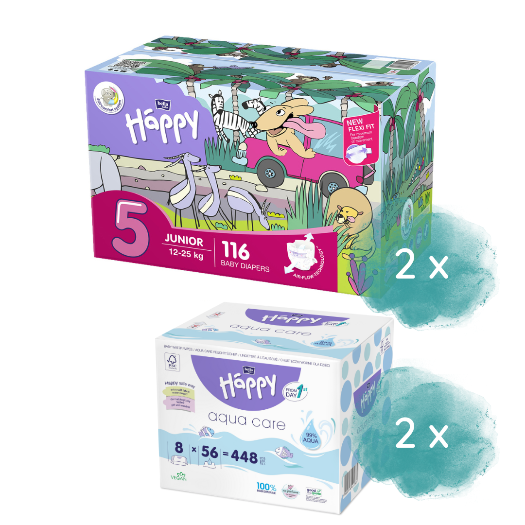 Happy Box Windeln Gr.5 Junior 12-25kg 116 St. & 2.Größe nach Wahl + 16er Pack Aqua Care Feuchttücher