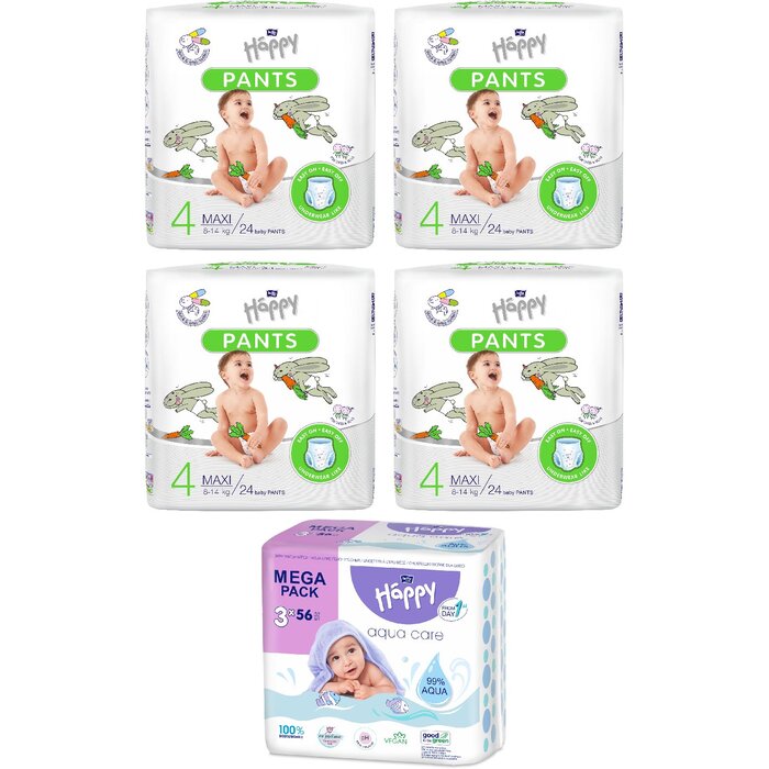 bella baby Happy Pants Größe 4 Maxi 8-14 kg im 4er Pack & Feuchttücher nach Wahl