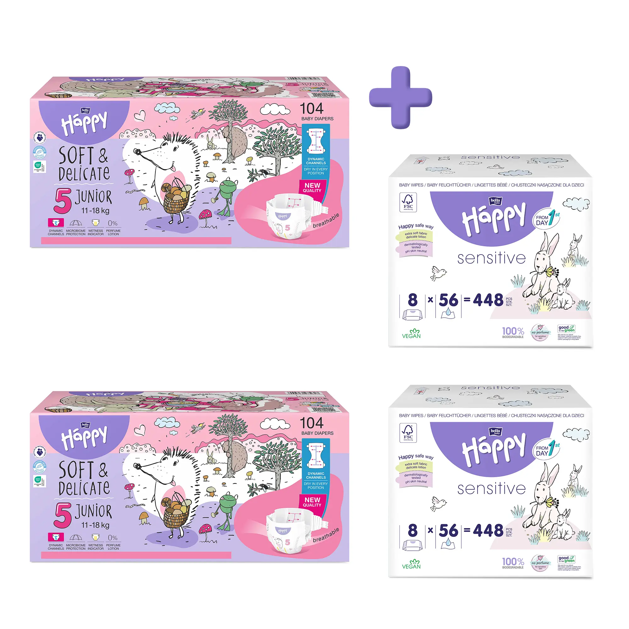 bella baby Happy Windeln Größe 5 Junior 11-18 kg + Feuchttücher im Set