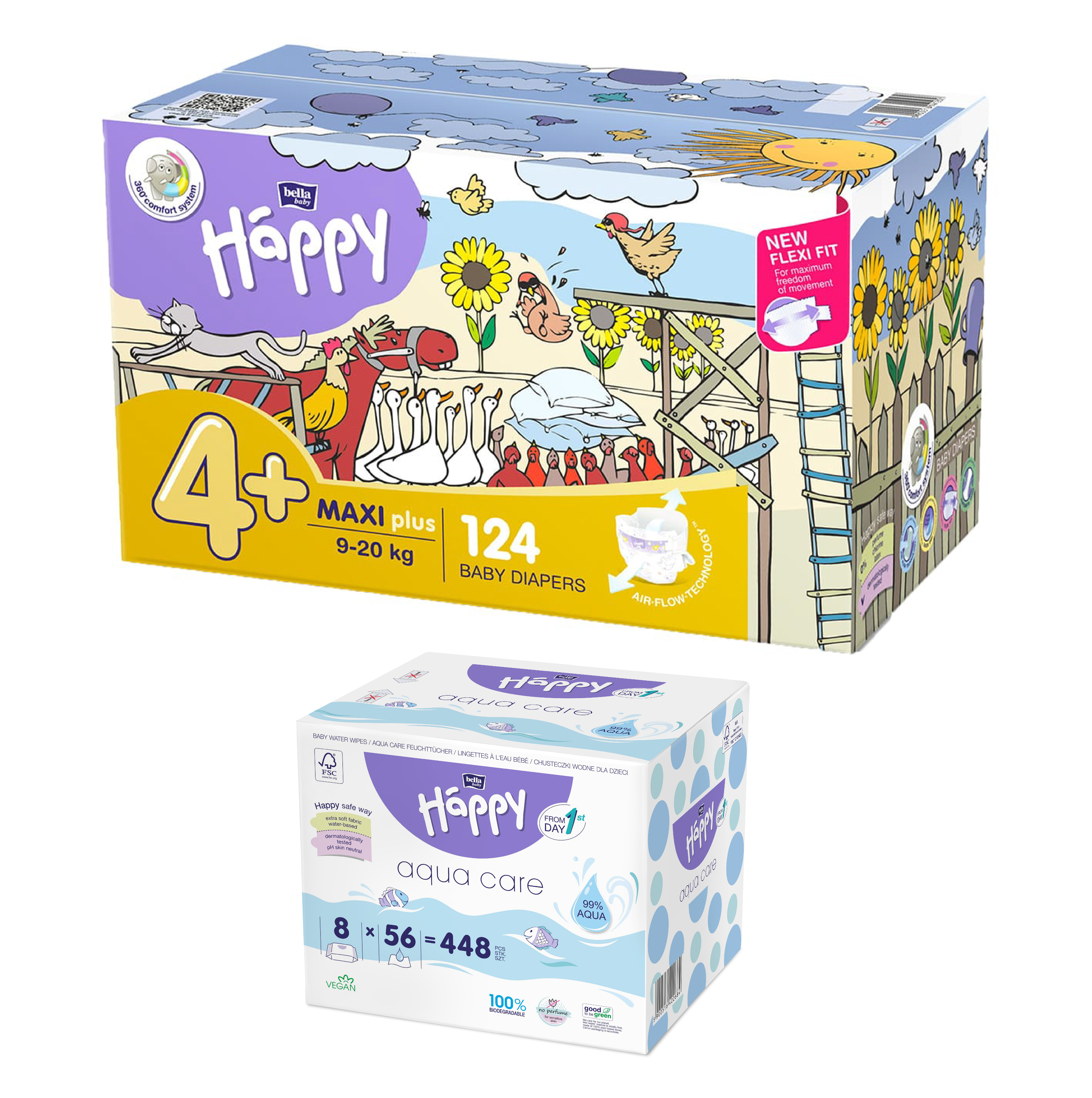 bella baby Happy Box Windeln Gr.4+ Maxi Plus 9-20kg 124 St. + 8er Aqua Care Feuchttücher