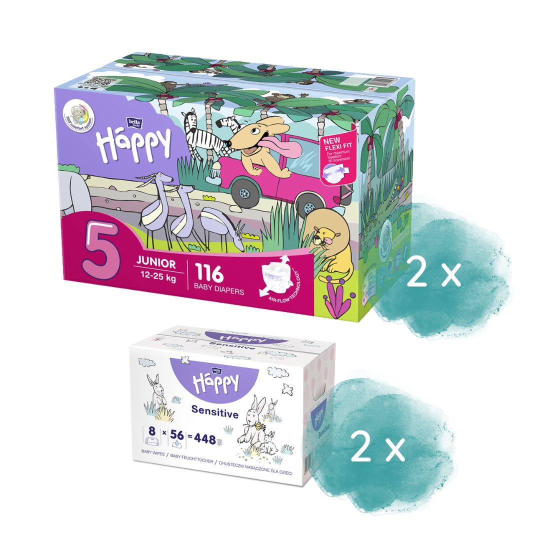 Happy Box Windeln Gr.5 Junior 12-25kg 116 St. & 2.Größe nach Wahl + 16er Pack Feuchttücher