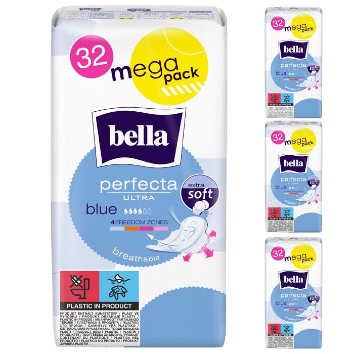 bella Perfecta Ultra Damenbinden Blue mit Flügeln Extra Soft 32 Stück 4er Pack