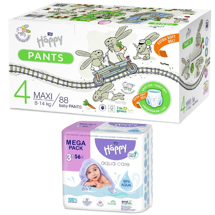 bella baby Happy Öko-Box Pants Größe 4 Maxi 8-14 kg 88 Stück & Feuchttücher nach Wahl