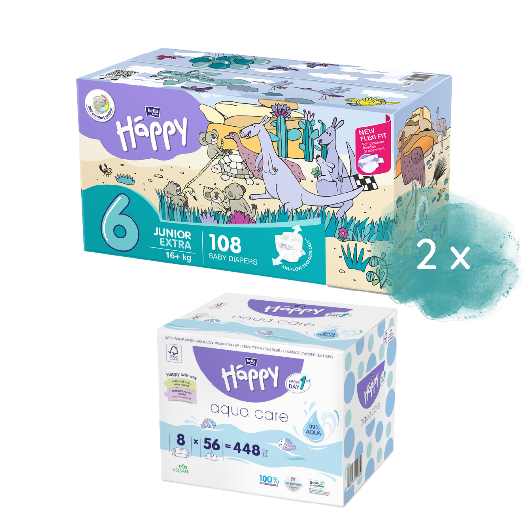 Happy Box Windeln Gr.6 Junior Extra 16+kg 108 St. + 2. Größe + 8er Pack Aqua Care Feuchttücher