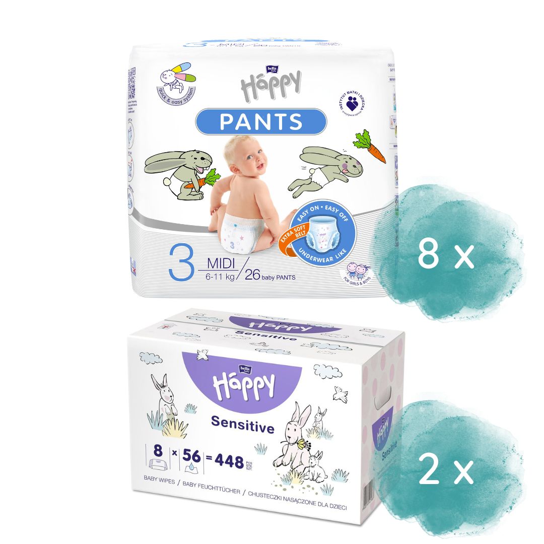 bella baby Happy Pants Gr. 3 Midi 6-11 kg 208 Stück + 16er Pack Feuchttücher