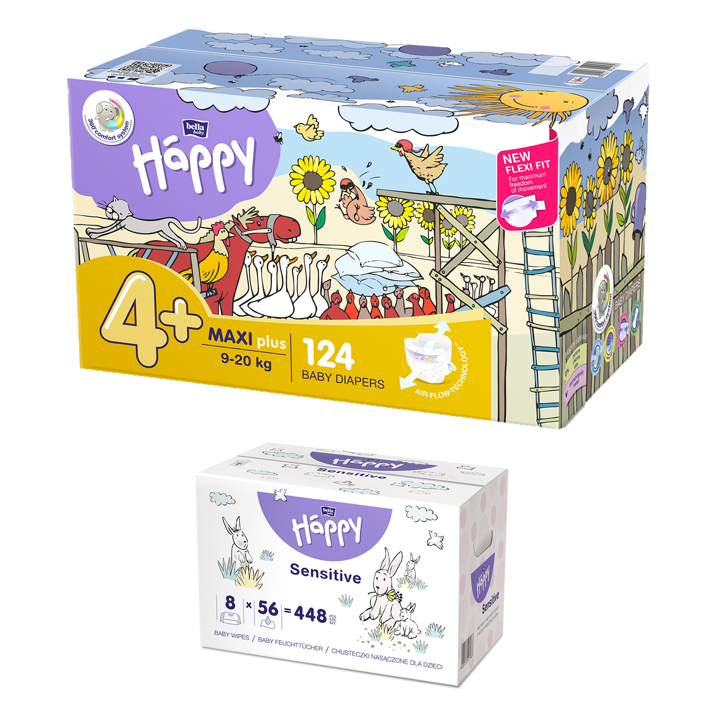 Happy Box Windeln Gr.4+ Maxi Plus 9-20kg 124 St. + 8er Pack Feuchttücher