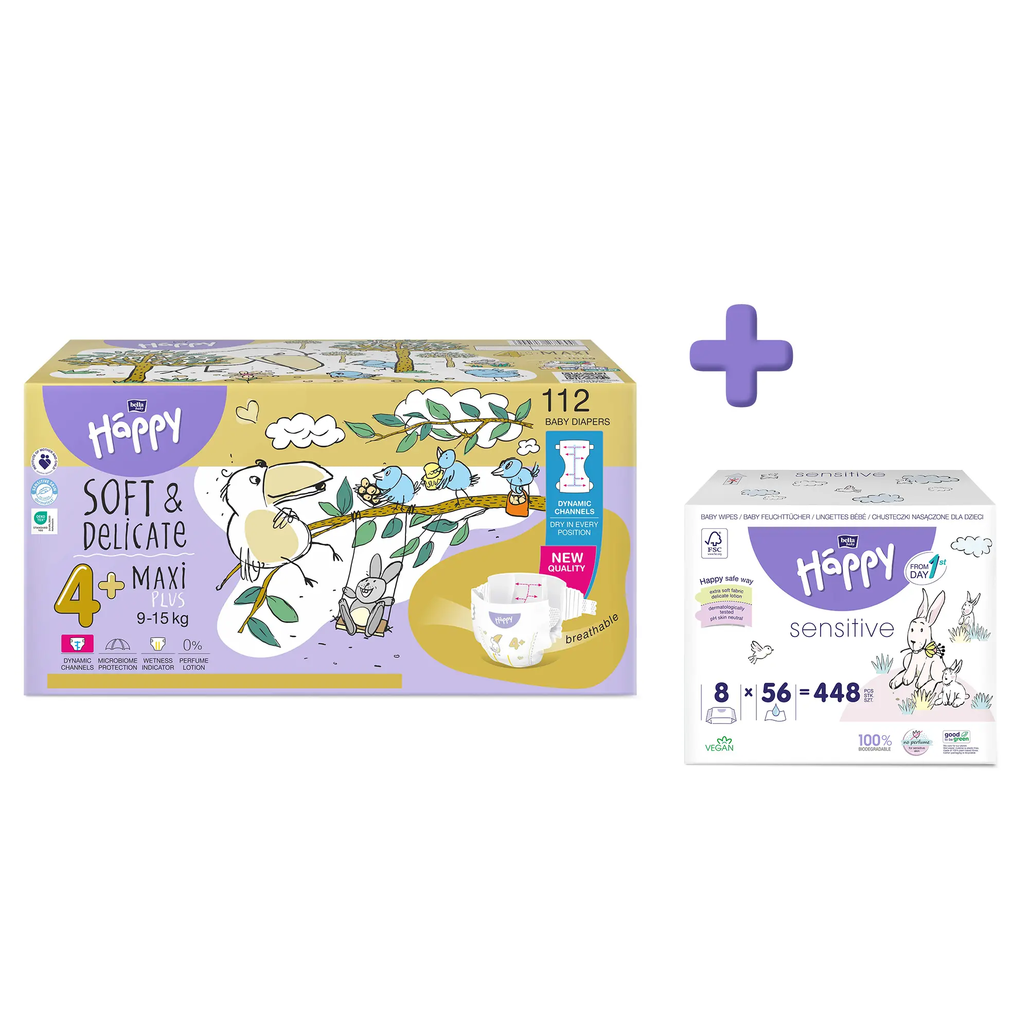 bella baby Happy Windeln Größe 4+ Maxi Plus 9-15 kg + Feuchttücher im Set