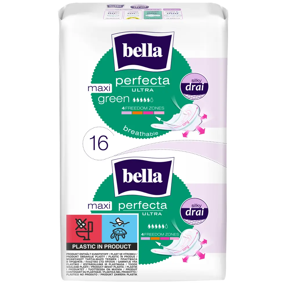 bella Perfecta Ultra Damenbinden Maxi Green Lang mit Flügeln Silky Drai 16 Stück