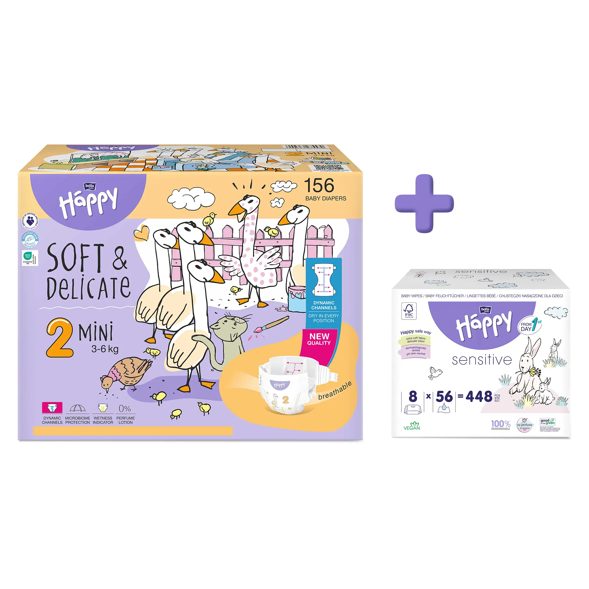 bella baby Happy Windeln Größe 2 Mini 3-6 kg + Feuchttücher im Set