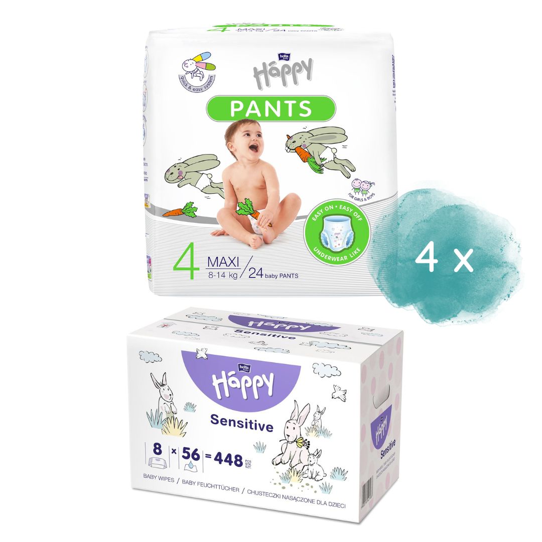 bella baby Happy Pants Gr. 4 Maxi 8-14 kg 96 Stück + 8er Pack Feuchttücher