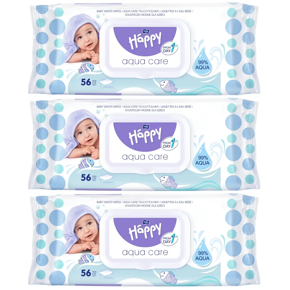 bella baby Happy Feuchttücher Aqua Care 99% Wasser mit Klickverschluss MEGA PACK 3x56 Stück