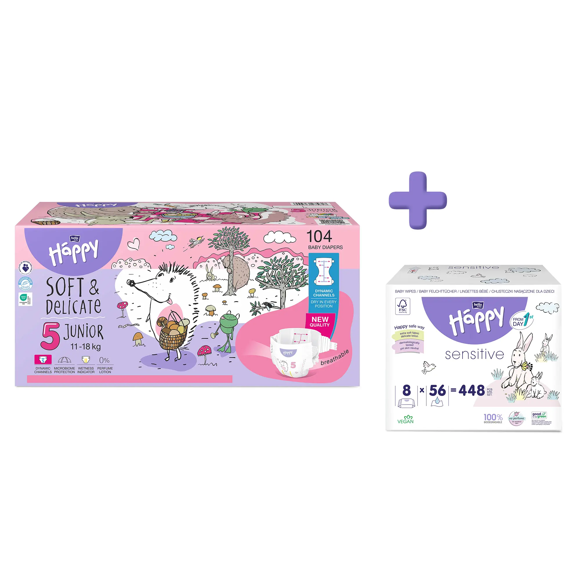 bella baby Happy Windeln Größe 5 Maxi 11-18 kg + Feuchttücher im Set