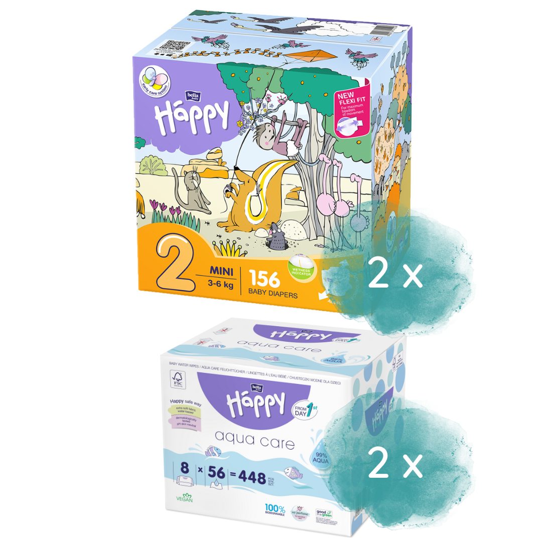 Happy Box Windeln Gr.2 Mini 3-6kg & 2.Größe nach Wahl + 16er Aqua Care Feuchttücher