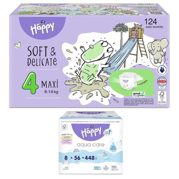bella baby Happy Box Größe 4 Maxi 8-14kg 124 Stück & 8er Pack Aqua Care Feuchttücher