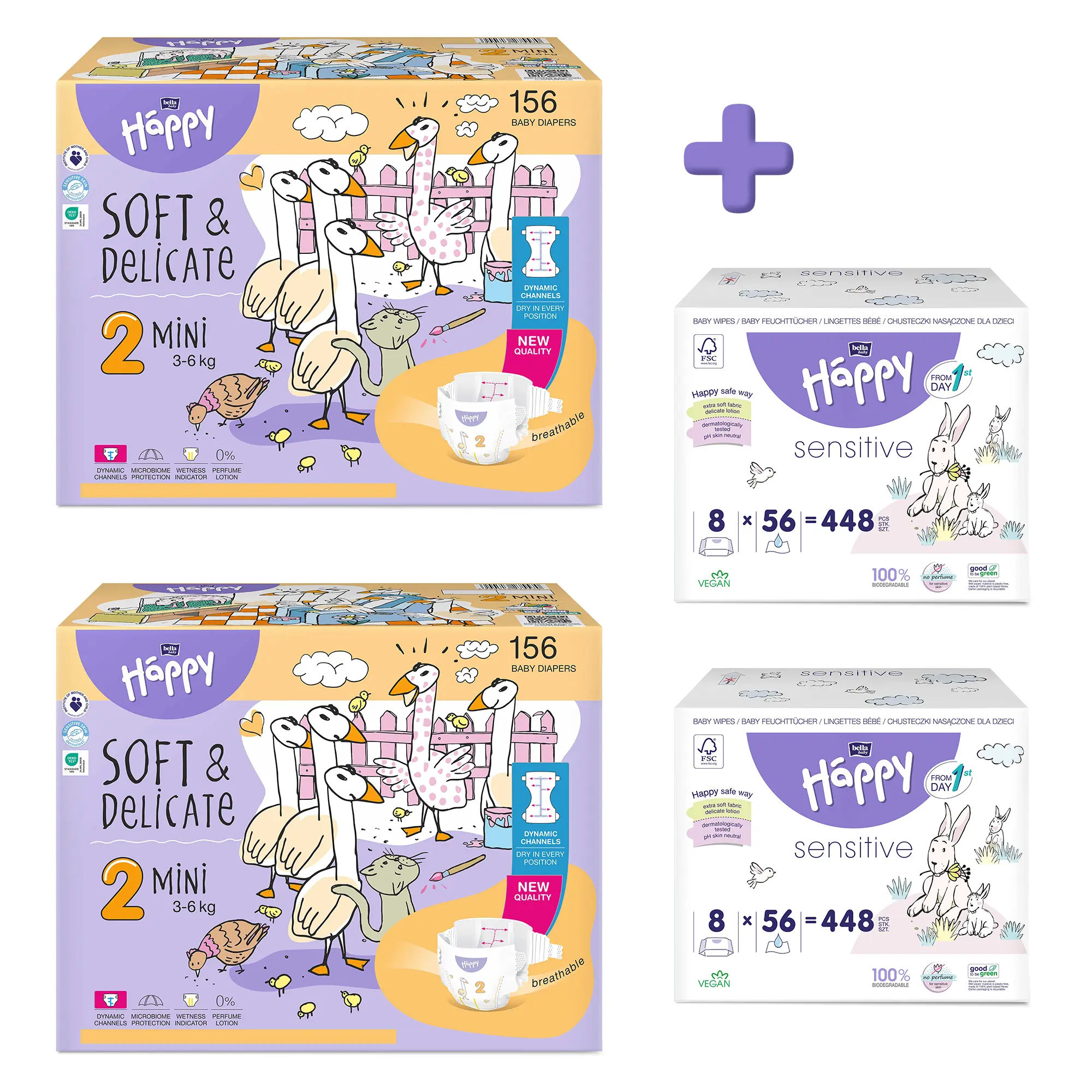 bella baby Happy Windeln Größe 2 Mini 3-6 kg + Feuchttücher im Set