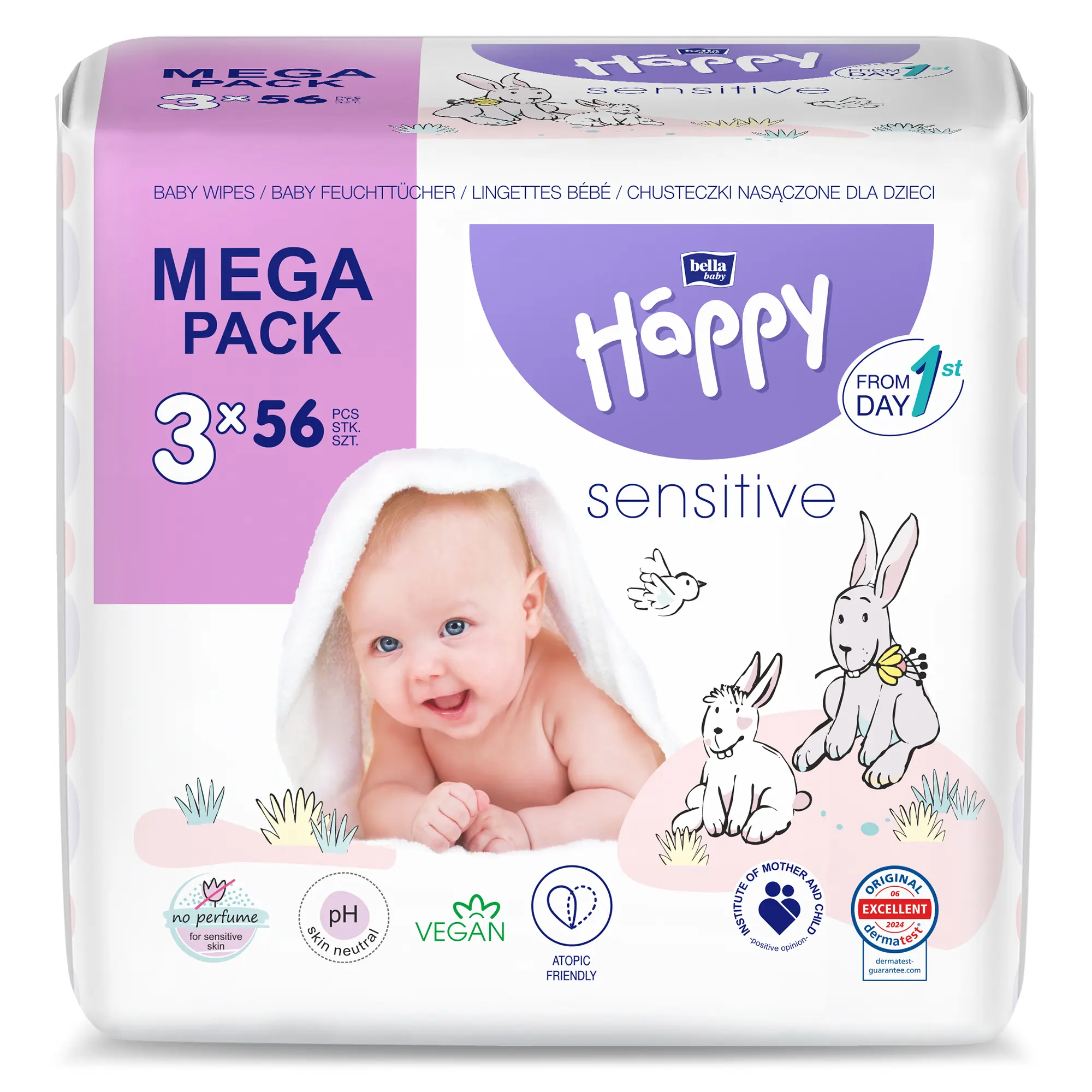 bella baby Happy Feuchttücher Sensitive mit Klickverschluss MEGA PACK 3x56 Stück