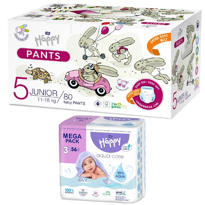 bella baby Happy Öko-Box Pants Größe 5 Junior 11-18 kg 80 Stück & Feuchttücher nach Wahl