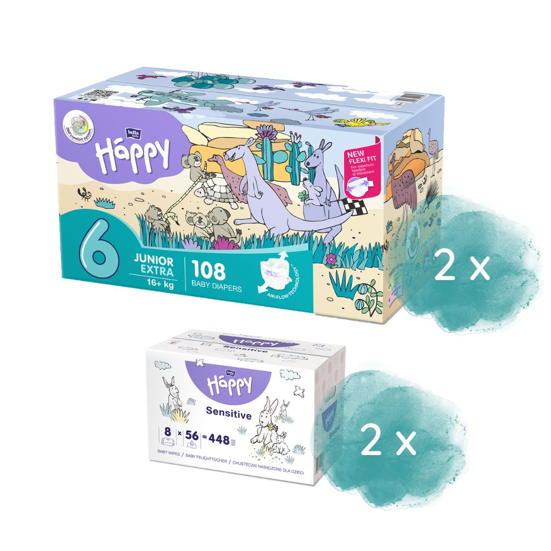 1. Happy Box WindelGröße: Junior Extra 6 (16+kg), 2. Happy Box WindelGröße: Mini Gr. 2 (3-6kg), 1. Sorte Feuchttücher: Mandel & Olive, 2. Sorte Feuchttücher: Milch & Honig